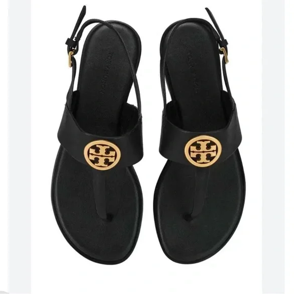 TORY BURCH BENTON 2 FLAT THONG
SANDAL black Calf Leather Sz 9.5 women Gold Logo - Picture 2 of 9